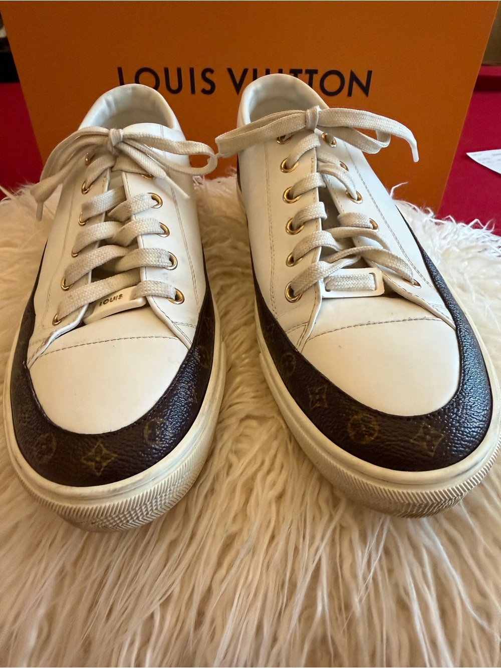 Louis Vuitton Men’s White Leather Sneakers with Brown Monogram Trim